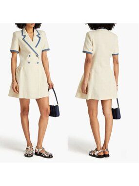 NWT Sandro Double Breasted Button Tweed Denim Trim Mini Dress Off White Size: 40